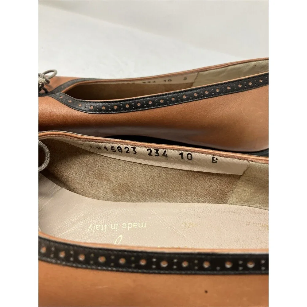 Vintage Ferragamo Shoes Womens 10 B Brown Black Trim Lace Up Oxford Flats Italy